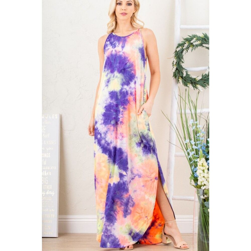 Heimish Multi Color Tie Dye Maxi Dress with Side Slit Size Large